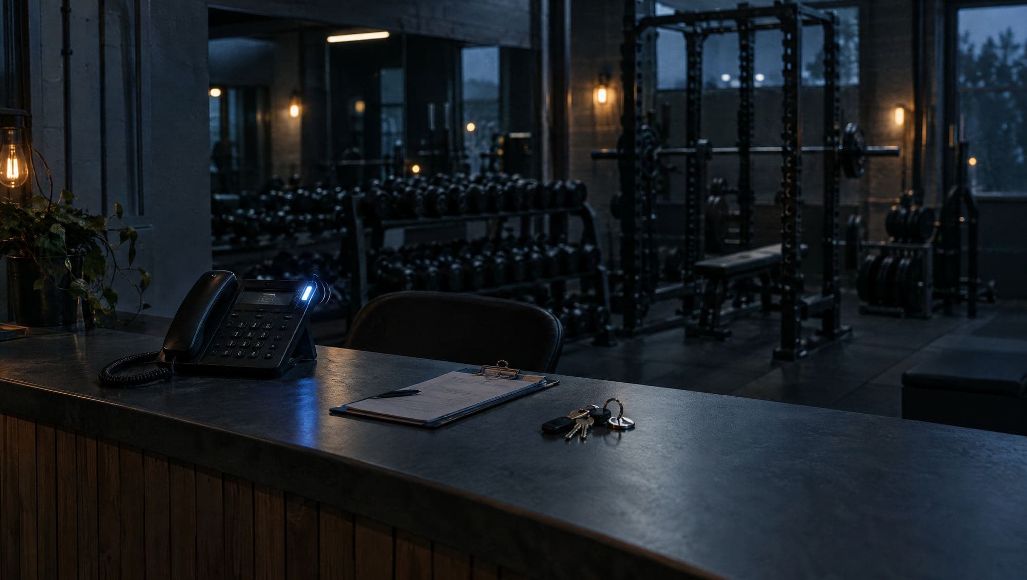 The front desk of a gym at closing time, the phone ringing with nobody there to answer it