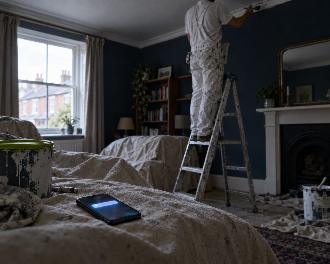 A decorator at work, a phone lit with a new job on the dust sheet