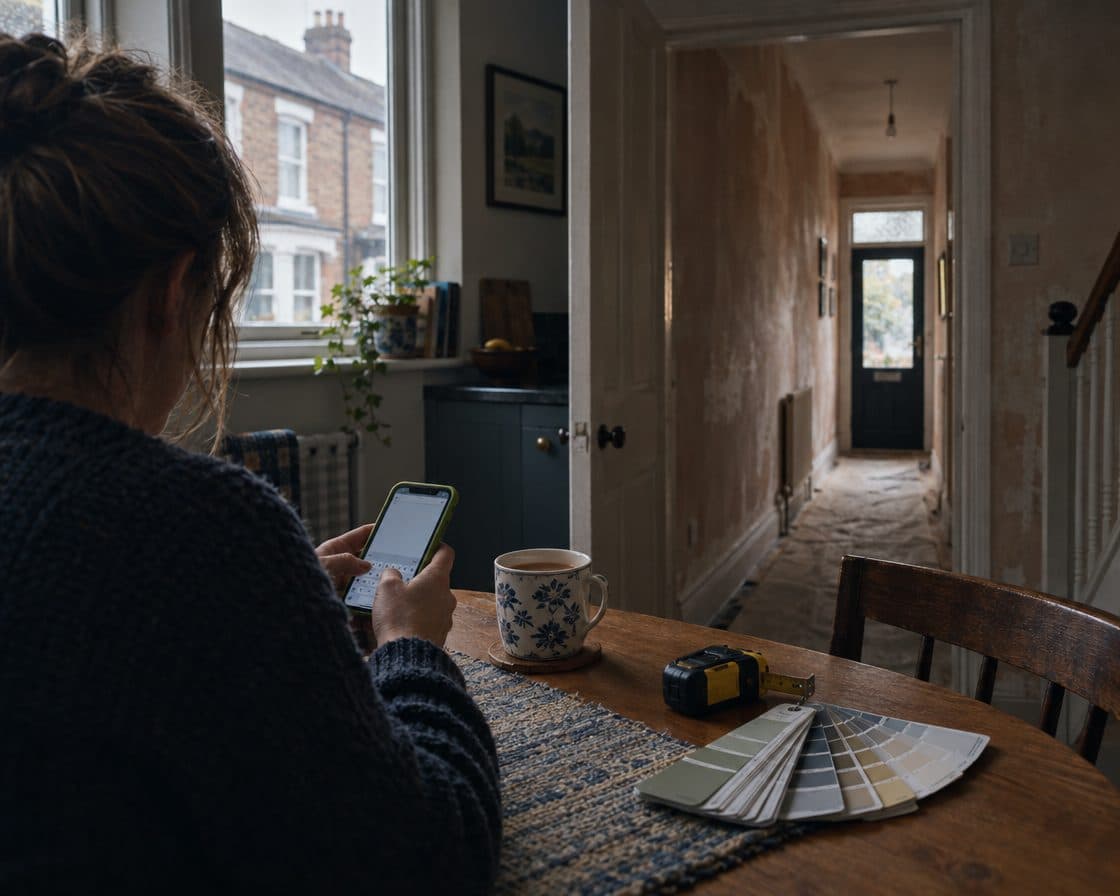 A homeowner at the kitchen table posting a job on their phone